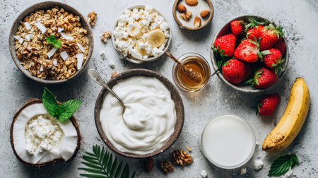 An assortment of healthy breakfast ingredients including creamy yogurt, fresh fruits, granola, and nuts beautifully arranged on a rustic table. Perfect for a nutritious start.の素材