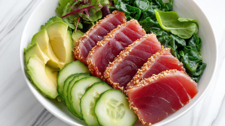 A beautifully arranged bowl featuring fresh sliced tuna, creamy avocado, crisp cucumber, and vibrant greens, perfect for promoting healthy eating and culinary creativity.の素材