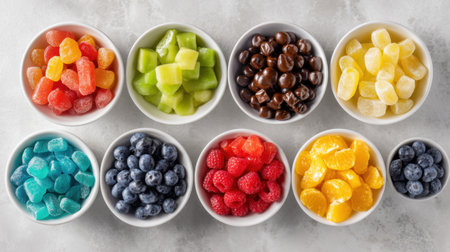 Discover a delightful arrangement of fresh fruits and colorful candies in bowls, perfect for any celebration or as a vibrant snack option.の素材