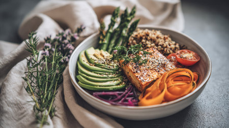 A vibrant and nutritious bowl featuring grilled salmon, creamy avocado, fresh asparagus, and colorful vegetables, perfect for a healthy lifestyle or gourmet meal.の素材