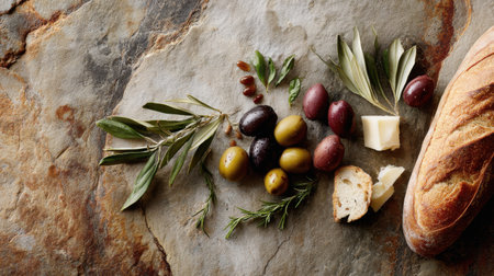 A beautifully arranged composition featuring artisan bread, assorted olives, cheese, and fresh herbs on a textured stone surface ideal for culinary inspirations.の素材