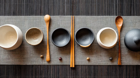 This image captures a beautifully arranged set of Japanese tableware featuring various bowls, wooden spoons, and chopsticks on a textured mat, ideal for inspiring culinary elegance.の素材