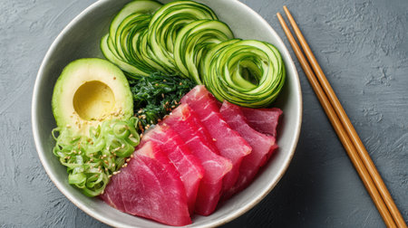 A vibrant and fresh sashimi bowl featuring generous slices of tuna, creamy avocado, seaweed, and cucumber, beautifully arranged for a healthy dining experience.の素材