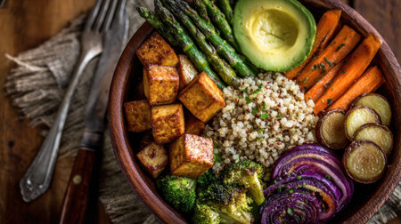 A vibrant vegan bowl featuring colorful quinoa, roasted vegetables, fresh avocado, and crispy tofu, perfect for healthy eating and meal preparation ideas.の素材
