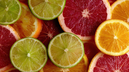 A vibrant assortment of fresh citrus slices including lemon, lime, orange, and grapefruit arranged on a wooden table, showcasing natural colors and textures.の素材
