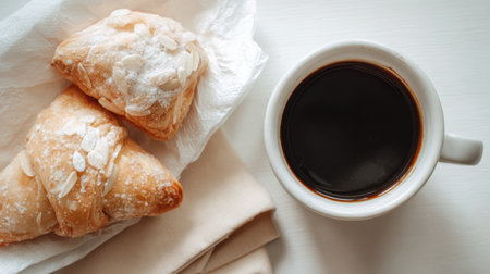 Enjoy a delightful scene featuring almond pastries next to a cup of hot black coffee on a white surface, evoking warmth and comfort for breakfast or snack moments.の素材