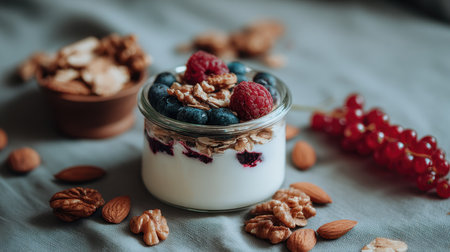 A vibrant yogurt parfait featuring layers of creamy yogurt, fresh berries, crunchy granola, and assorted nuts, styled beautifully on a soft fabric background.の素材