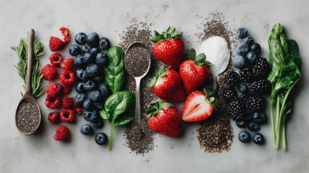 A stunning overhead view of fresh berries, spinach, and chia seeds arranged artfully on a light marble surface, representing vibrant and healthy culinary choices for nutritious meals.の素材