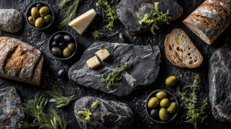 This image showcases a beautiful arrangement of artisan bread, olives, and fresh herbs set against a textured slate background, perfect for culinary presentations.の素材