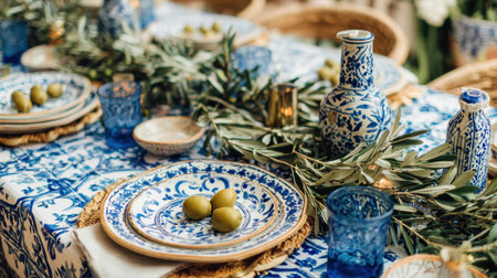 Embrace the elegance of outdoor dining with this exquisite table setting featuring traditional blue and white dishes, olive branches, and inviting decor for a memorable meal.の素材