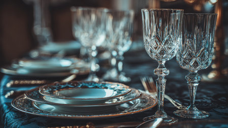 A beautifully arranged table setting showcasing exquisite crystal glasses and fine porcelain plates, perfect for creating a sophisticated dining atmosphere.の素材