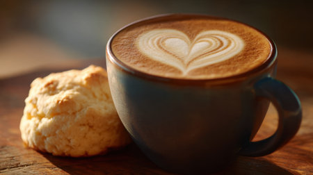 A cozy scene featuring a warm cup of latte with heart-shaped foam art next to a biscuit on a rustic wooden table, perfect for a comforting morning break.の素材