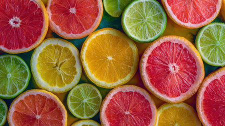 A colorful arrangement of sliced citrus fruits, including oranges, lemons, limes, and grapefruits. Perfect for culinary inspiration, healthy eating, and vibrant displays.の素材
