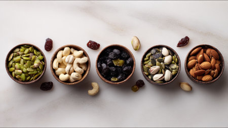 A vibrant display of assorted nuts and dried fruits elegantly arranged in wooden bowls on a smooth marble surface, showcasing healthy snack options for conscious eaters.の素材