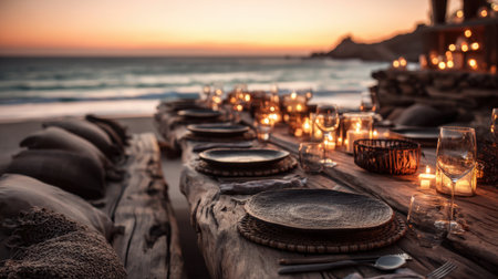 A beautifully arranged beach dining setup captures the essence of romance and tranquility at sunset. Ideal for special events by the ocean.の素材