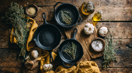 A beautiful rustic kitchen scene showcasing fresh herbs, garlic, and olive oil arranged with cast iron skillets on a wooden table, perfect for culinary inspiration.の素材