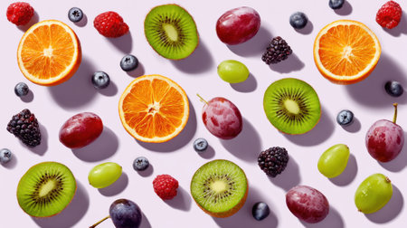 A stunning flat lay of assorted fresh fruits, including oranges, kiwis, grapes, and berries, arranged creatively on a light background, perfect for health and wellness topics.の素材