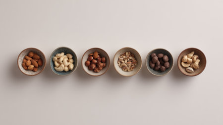 A visually appealing arrangement of assorted nuts and seeds in stylish bowls, perfect for enhancing healthy snacking, culinary presentations, and lifestyle themes.の素材