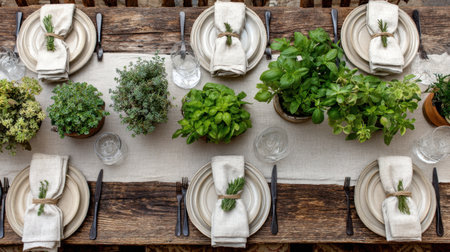 Experience a warm and inviting atmosphere with this rustic table setting featuring fresh herbs, elegant dinnerware, and natural textiles, perfect for gatherings.の素材
