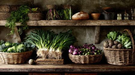 A stunning arrangement of fresh organic vegetables displayed on rustic wooden shelves in a farmhouse kitchen. This image features vibrant greens, earthy tones, and a cozy atmosphere.の素材