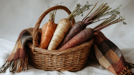 A beautifully arranged basket filled with fresh carrots on soft fabric, showcasing vibrant colors and a cozy blanket, ideal for autumn-themed decor and culinary inspiration.の素材