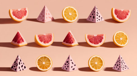 This image showcases a creative arrangement of citrus fruit slices and decorative paper shapes on a soft pink backdrop. Perfect for artistic projects or food-related concepts.の素材