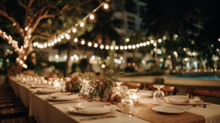 An enchanting outdoor dining setup featuring elegant table decor, soft glowing lights, and a warm ambiance, perfect for a romantic evening or celebratory occasion.の素材