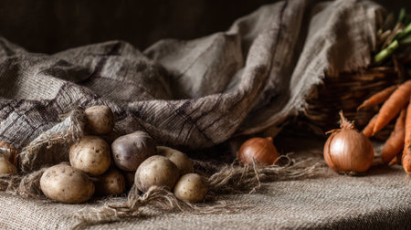 Showcasing a collection of fresh organic vegetables, this image features rustic potatoes, vibrant carrots, and onions set on a textured linen cloth, ideal for culinary inspirations.の素材