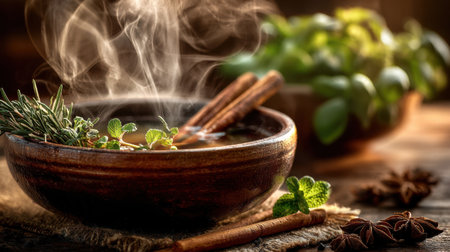 A charming scene showcasing a steaming bowl of herbal tea infused with fresh herbs and cinnamon sticks. Surrounded by lush greenery and gentle lighting, it evokes warmth and comfort.の素材