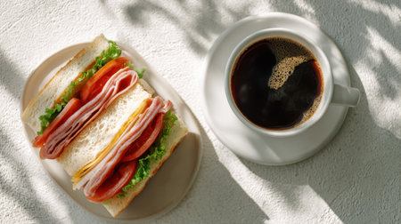 A delicious sandwich featuring layers of lettuce, tomato, and deli meats accompanied by a cup of rich black coffee. Perfect for breakfast or lunch.の素材