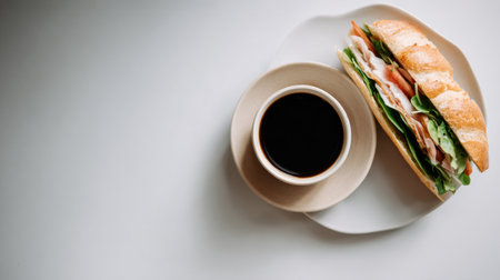 A beautifully arranged freshly made sandwich with vegetables paired with a cup of coffee, perfect for showcasing culinary creativity and minimalist dining aesthetics.の素材