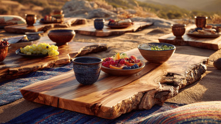 Enjoy a serene outdoor picnic scene showcasing a beautiful setup with fresh fruits, colorful bowls, and rustic wooden tables against a sunset backdrop.の素材