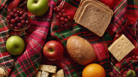 A vibrant arrangement of fresh fruits, various breads, and cheeses on a red and green tartan blanket, perfect for a cozy picnic or gathering with loved ones.の素材