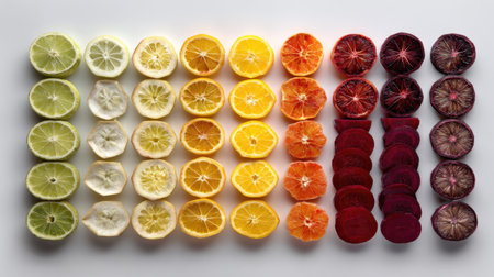 A visually striking display of fresh citrus and dried fruit slices arranged in a colorful gradient. Ideal for healthy food concepts, culinary presentations, or vibrant design projects.の素材