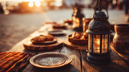 A beautifully set rustic table featuring a glowing lantern, plates, and snacks, captured during sunset. This enchanting scene evokes warmth and togetherness.の素材