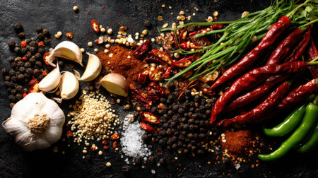 A stunning display of fresh vegetables and spices including garlic, chili peppers, and various seasonings on a dark surface, perfect for culinary inspiration.の素材