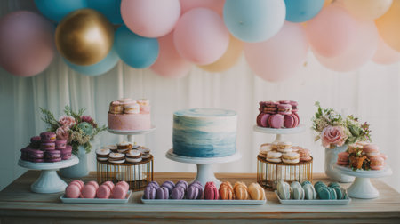 A vibrant dessert table showcasing a beautiful cake, assorted macarons, and pastries, complemented by colorful balloons, perfect for celebrations and special occasions.の素材
