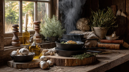 A warm and inviting rustic kitchen scene featuring steaming food, fresh herbs, and antique cookware, creating a cozy atmosphere perfect for culinary inspiration.の素材