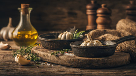 Capture the essence of culinary art with fresh garlic and herbs in a rustic kitchen setting, perfect for enhancing dishes and showcasing natural ingredients on a wooden table.の素材