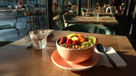 A vibrant fruit bowl featuring granola, fresh seasonal fruits, and a cozy cafe ambiance. Ideal for showcasing healthy breakfast options in a welcoming environment.の素材