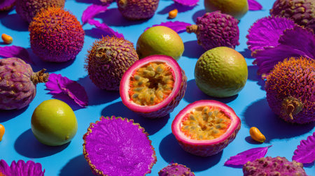 A visually stunning display of exotic fruits and vibrant leaves arranged on a bright blue background, showcasing the beauty and diversity of tropical produce.の素材