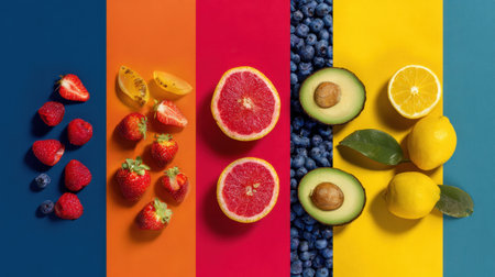 An enticing flat lay of fresh fruits including berries, citrus, and avocado arranged against a vibrant background. Ideal for health, nutrition, and culinary themes.の素材