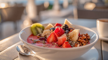 A vibrant breakfast bowl filled with fresh fruits, granola, and yogurt, beautifully arranged and illuminated by soft natural light creates an inviting morning scene.の素材
