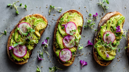 Discover a delightful avocado toast artfully topped with radish slices and edible flowers, perfect for a vibrant, healthy breakfast or snack experience.の素材