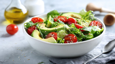 Enjoy a vibrant salad featuring fresh avocado, juicy cherry tomatoes, and crisp spinach. Perfect for a nutritious meal, it combines health and flavor beautifully.の素材