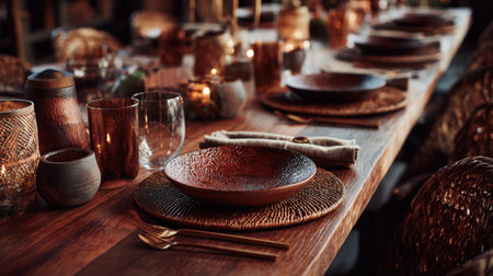 A beautifully arranged dinner table showcasing textured dinnerware and warm candlelight, perfect for elegant gatherings and cozy meals with friends and family.の素材
