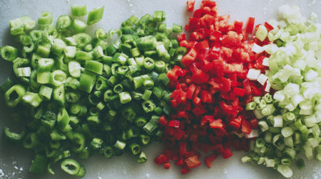 Colorful assortment of freshly chopped vegetables including green onions, red bell pepper, and celery on a light background, perfect for healthy cooking ideas.の素材