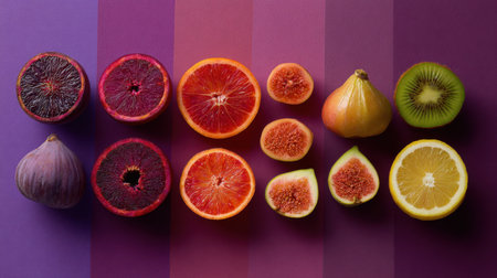 A stunning display of vibrant citrus fruits and figs set against a colorful background, emphasizing freshness and healthy eating. Ideal for food-related projects.の素材