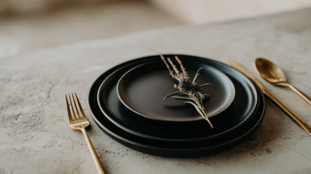 Discover a stylish black table setting featuring minimalist plates, a decorative herb, and golden cutlery, perfect for elegant dining and modern events.の素材
