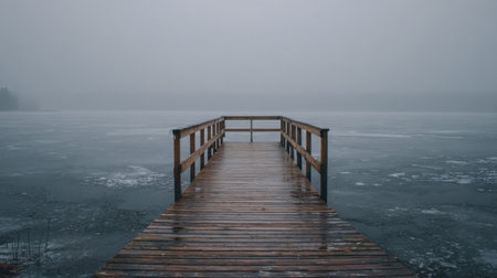 A tranquil wooden dock extends into a frozen lake, surrounded by mist and soft fog. The serene atmosphere captures the beauty of winter's quiet moments in nature.の素材